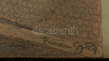 Román jelzéssel: Falu. Vegyes technika, papír, üvegezett keretben, 29×20 cm