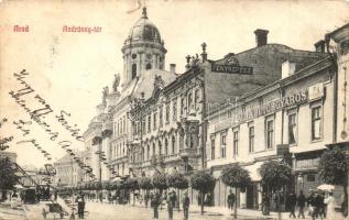 Arad, Andrássy tér, Steigerwald A. bútorgyáros, Ravasz Imre fényképész, Geller I., Hegedűs, Morgenstern üzletei / square, furniture store, photographer atelier, shops (b)