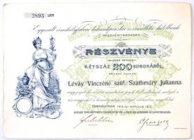 Érmihályfalva 1913. Egyesült érmihányfalvai takarékpénztár és érmelléki hitelbank névre szóló részvénye 200K-ról, szárazpecséttel és szelvényutalvánnyal, saját kezű aláírásokkal, hátoldalán bélyegzés T:II-