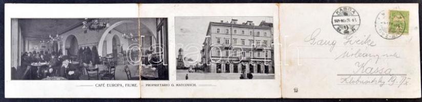 Fiume, 3-részes panorámalap, az egyik oldalán kikötő, a másik oldalán G. Matcovich kávéháza a '...
