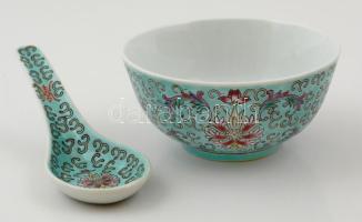 Kínai porcelán tálka + kanál, kézzel festett, jelzett, hibátlan, d: 11,5 cm, h: 14 cm