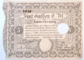 Temesvár 1849.05.01. 5G érvénytelenítő lyukasztással T:II,II- Hungary / Temesvár (Timisoara) 1849. 5 Gulden cancelled with hole C:XF,VF Adamo TEM-1.1