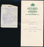 1928 Gundel Étterem étrendkártyája, és menu papírja.