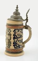 Ón fedeles, festett kerámia sörös kancsó. Jelzett, hibátlan / Large beer jug with tin lid 25 cm