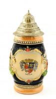 Ón fedeles, festett kerámia sörös kancsó. Jelzett, hibátlan / Large beer jug with tin lid Krefeld coat of arms 22 cm