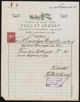 1934 Follát József újpesti temetkezési vállalkozó díszes fejléces számlája, 2 filléres okmánybélyeggel.