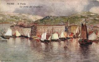 Fiume, Il Porto, La perla del Quarnero / port, sailboats, artist signed (ázott / wet damage)