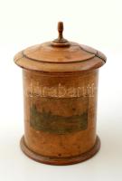 XIX. sz. második fele: Fa cukorkás doboz, rajta kopott, kézzel festett tájképpel. Tetőn repedéssel / Vintage wooden box. 21 cm, d: 13 cm