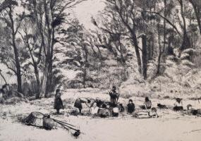 Beron Gyula (1885-1971): Pihenő. Rézkarc, karton, jelzett, 29×37 cm