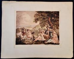 Prihoda István (1891-1956): Táncolók. Színezett rézkarc, papír, jelzett, 25×32 cm