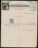 1923 Kovald Péter és Fia, kelmefestő és tisztító díszes fejléces festősegédi bizonyítványa, 2 kr. okmánybélyeggel, aláírással, a hátoldalán bejegyzésekkel, a hajtás mentén szakadással.