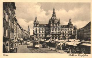 Graz, Rathaus Hauptplatz / main square, city hall, tram, Kastner & Öhler shop (EK)