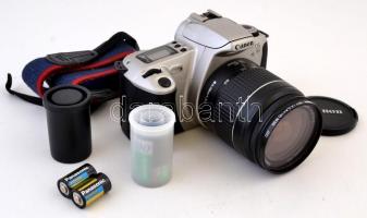 Canon Eos 300 tükörreflexes analóg fényképezőgép, Canon EF 28-80mm f3,5/5,6 II objektívvel, Hama sky 1A szűrővel, 3 csomag filmmel, kissé kopott Samsonite hordtáskában.
