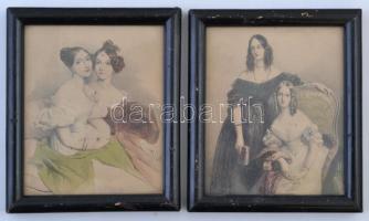 XIX. század: 2 db színezett kőnyomat üvegezett keretekben / 2 lithographic images from the XIXth: century in glazed frames 10x14 cm