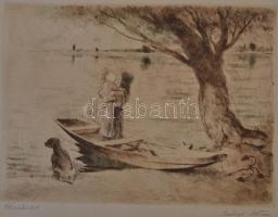 Szőnyi István (1894-1960): Várakozás, színezett rézkarc, papír, jelzett, foltos,  23×31 cm