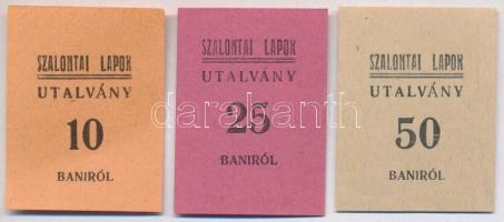 Nagyszalonta ~1920. 10 bani + 25 bani + 50 bani "Szalontai Lapok" utalvány, az 50 bani névérték hátoldalán "SZALONTAI LAPOK KIADÓHIVATALA" bélyegzéssel T:I,I-