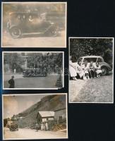 cca 1920-1930 Automobilok, közöttük egy tűzoltó autó 4 db fotó 6x9 cm méretekben