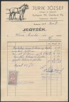 1939 Bp., Jurik László nyerges és szíjgyártó által kiállított fejléces számla, okmánybélyeggel