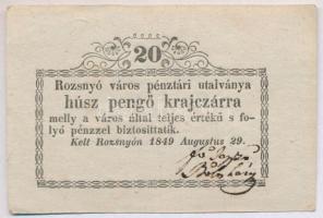 Rozsnyó 1849. 20kr Rozsnyó város pénztári utalványa T:III szép papír ROZ-2.1
