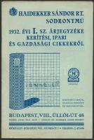 1932 A Haidekker Sándor Rt. Sodronymű 1932. évi I. számú árjegyzéke kerítési, ipari és gazdasági cikkekről, 31p