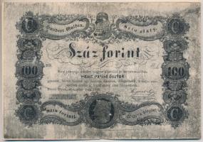 1848. 100Ft "Kossuth bankó" imitációja, hátoldalán "Nyomatott a Magyar Nemzeti Múzeum Magyarország története a honfoglalástól 1849-ig c. kiállításon 1967. május 31." T:III szakadás