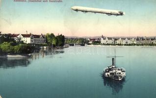 Konstanz, Insenhotel und Seestraße, Verlag L. Klinger / island hotel, sea street, steamship, zeppelin (EK)