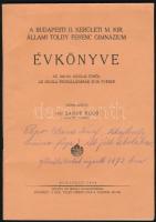 1942 A budapesti II. kerületi M. Kir. Állami Toldy Ferenc Gimnázium évkönyve az 1941/1942 az iskolai évről. Az iskola fennállásának 87.-ik évében. Szerk.: vitéz Sándy Hugó. Bp., Iskola igazgatósága. + Toldy Ferenc Gimnázium épületének keményhátú fotója, Pest, Gévay B., 10x16 cm.