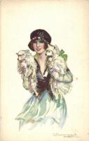 Italian art postcard, Lady with dogs, CDM 637-3 s: Bompard (EK)