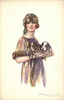 Italian art postcard, Lady with dogs, CDM 637-4 s: Bompard (EK)