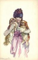 Italian art postcard, Lady with dogs, CDM 637-2 s: Bompard (EK)