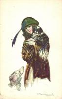 Italian art postcard, Lady with dogs, CDM 637-1 s: Bompard (EK)