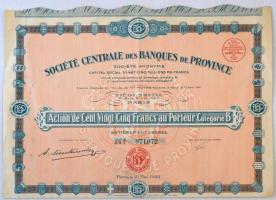 Franciaország / Párizs 1928. "Tartományi Bankok Központi Szövetsége" részvény 125Fr-ról, szelvényekkel T:III France / Paris 1928. "Société Centrale des Banques de Province" share about 125 Francs with coupons C:F