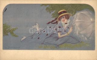 Italian art postcard, Lady with umbrella, Ufficio Revisione Stampa di Milano N. 3579. 95-1 s: Adelina Zandrino (EK)