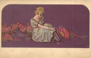 Italian art postcard, Lady with flowers, Ufficio Revisione Stampa di Milano N. 3579. 95-5 s: Adelina Zandrino (EK)