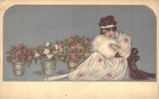 Italian art postcard, Lady with flowers, Ufficio Revisione Stampa di Milano N. 3579. 95-4 s: Adelina Zandrino (EK)