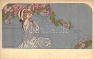 Italian art postcard, Lady with flowers, Ufficio Revisione Stampa di Milano N. 3579. 95-6 s: Adelina Zandrino (EK)