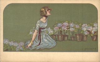 Italian art postcard, Lady with flowers, Ufficio Revisione Stampa di Milano N. 3579. 95-2 s: Adelina Zandrino (EK)