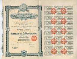 Monte-Carlo 1919. "Société des Pétroles Monte-Carlo" részvény 500Fr-ról, szelvényekkel és bélyegzéssel T:I-,II Monte-Carlo 1919.  "Société des Pétroles Monte-Carlo" share about 500 Francs with coupons and overprint C:AU,XF