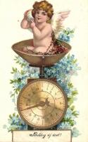 Boldog Új Évet! / New Year greeting card with angel on the scale, floral golden decorated Emb. litho (EK)