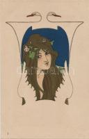 Raphael Kirchner: Léda és a hattyú,  10 darabos színes litho sorozat / Leda und der Schwan, Serie von 10 color. Lithokarten T1