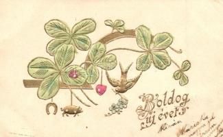 3 db RÉGI újévi üdvözlőlap, virágos, lóherés, dombornyomott, litho darabok / 3 pre-1945 New Years greeting cards, clovers, floral golden decorated Emb. litho