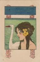 Raphael Kirchner: Léda és a hattyú,  10 darabos színes litho sorozat / Leda und der Schwan, Serie vo...