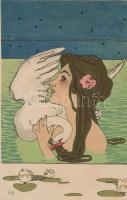 Raphael Kirchner: Léda és a hattyú,  10 darabos színes litho sorozat / Leda und der Schwan, Serie vo...
