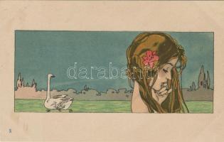 Raphael Kirchner: Léda és a hattyú,  10 darabos színes litho sorozat / Leda und der Schwan, Serie vo...