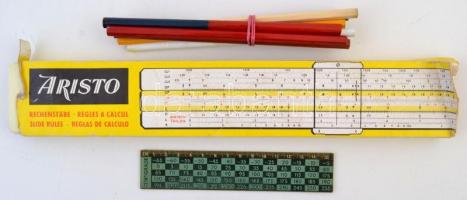Vegyes irodaszer tétel: Aristo logarléc saját dobozában és papírtokban, 15 cm-es vonalzó, körző, ceruzák