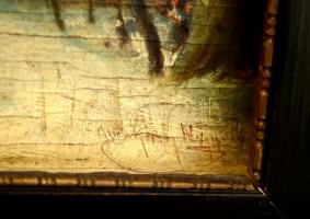 Gutaházy Németh Gyula (1922-1966): Téli erdő őzikékkel. Olaj, falemez, jelzett, keretben, sérült, 10...