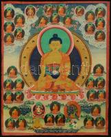 Jelzés nélkül: Thangka Buddha. Vegyes technika, vászon, üvegezett sérült keretben, 58×46 cm