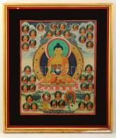 Jelzés nélkül: Thangka Buddha. Vegyes technika, vászon, üvegezett sérült keretben, 58×46 cm