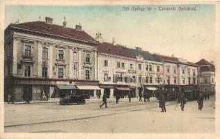 Temesvár, Timisoara; Belváros, Szent György tér, Palagyi József gyógyszertára, villamosok, automobil, Feder R. Ferenc saját felvétele és kiadása / square, pharmacy, trams, automobile (EK)