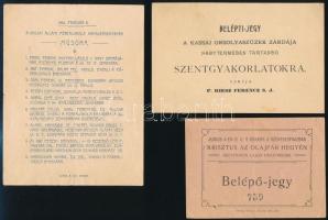 cca 1900-1910 Belépő jegyek kassai rendezvényekre, 3 db (Székesegyáz és az Állami Főreáliskola hangversenyére, Orsolyaszüzek zárdájának szentgyakorlataira)